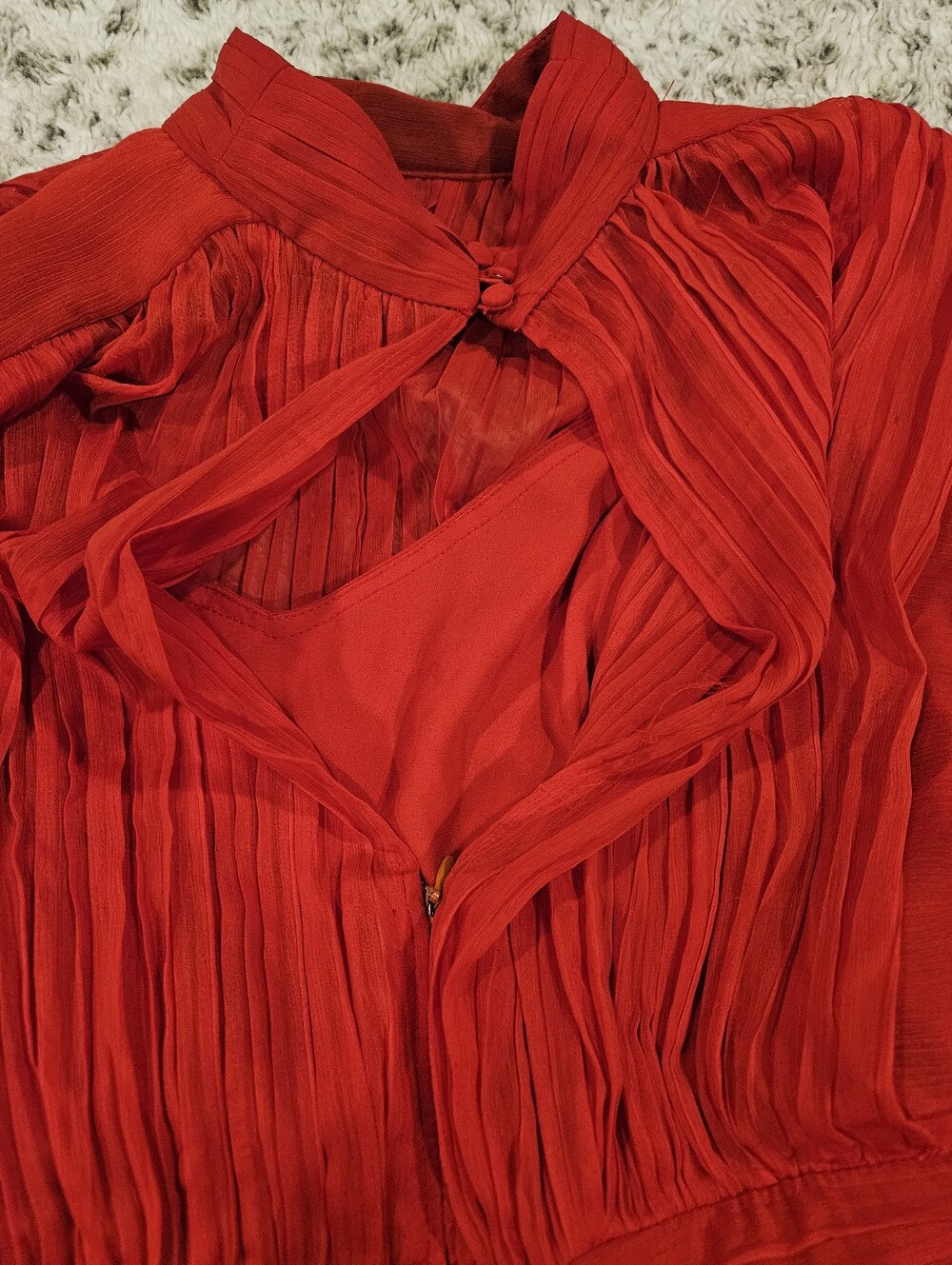 Express SZ 14 Red Mini Dress Lined Pleated Tiered Semi Sheer Balloon Sleeve - Picture 11 of 11
